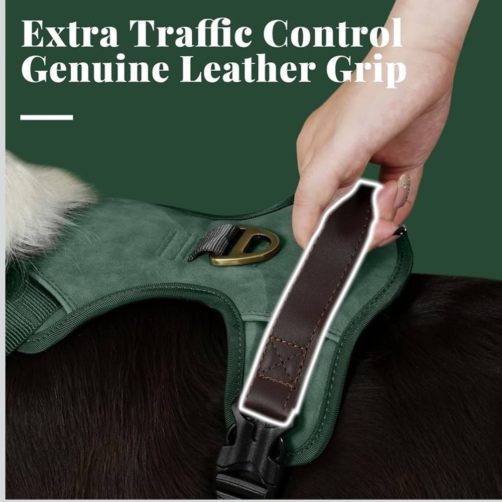 No Pull Dog Harness Genuine Leather Grip Reflective Adjustable Green Large 27-32 - Picture 4 of 7